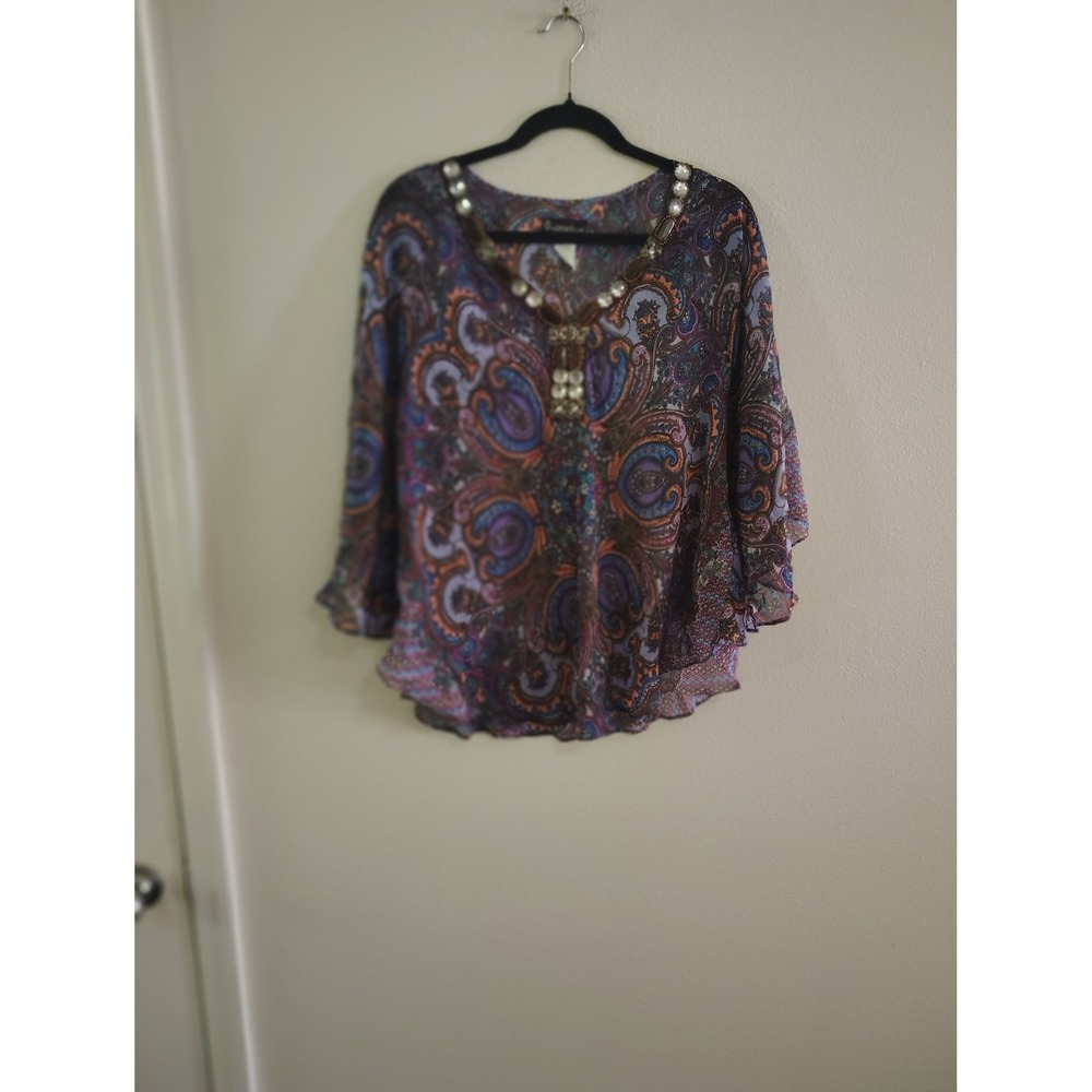 Signature Studio Womens Paisley Beaded V-Neck Chiffon Blouse Purple Blue Large
